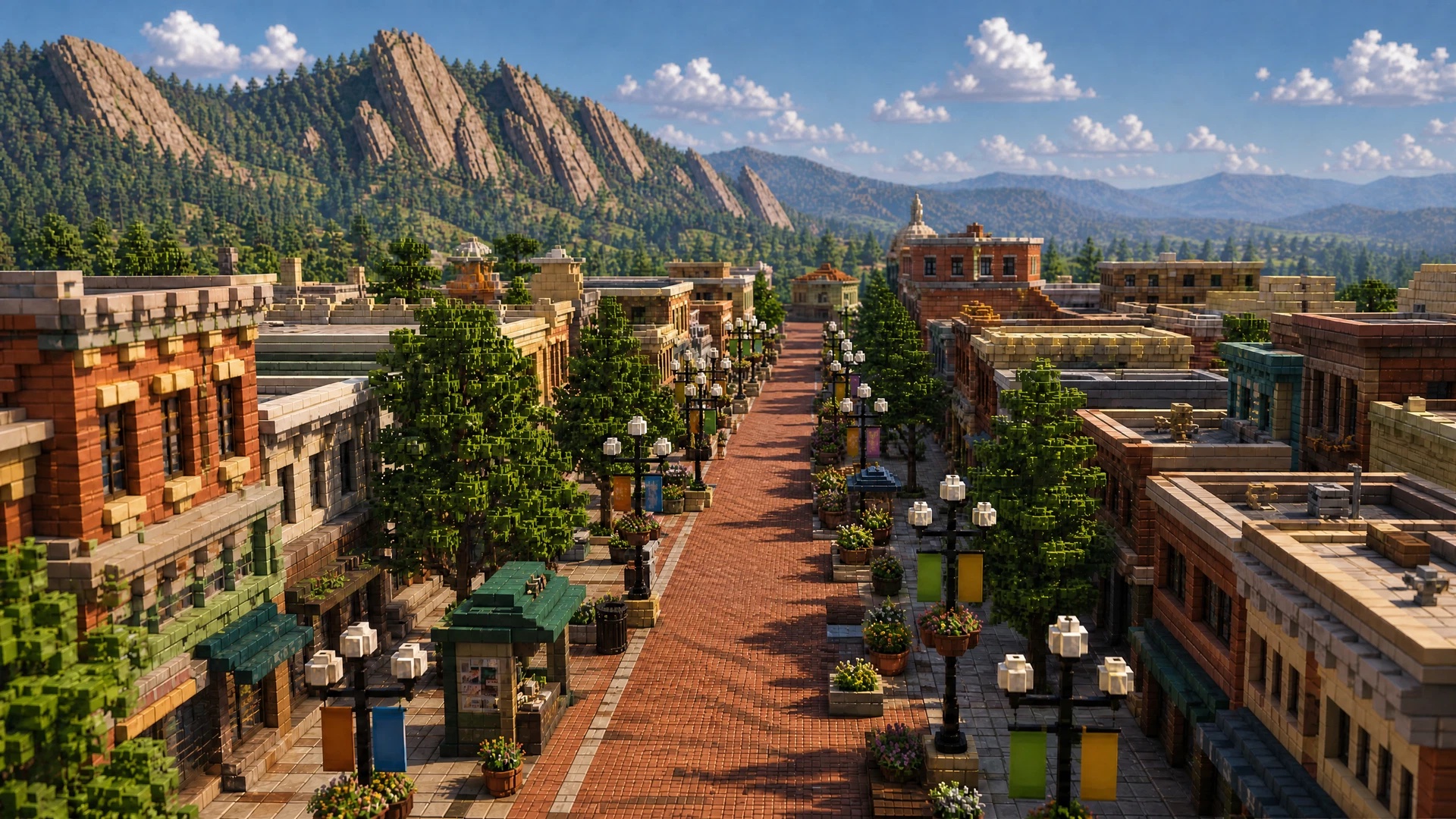 Pearl Street mall as a voxel diorama with the Flatirons behind, the Lantern Walk scene