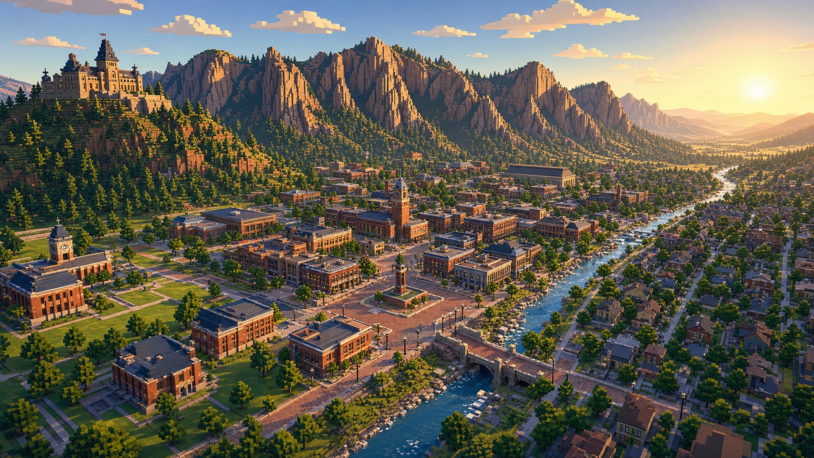 Voxel aerial view of Boulder with the Flatirons behind downtown