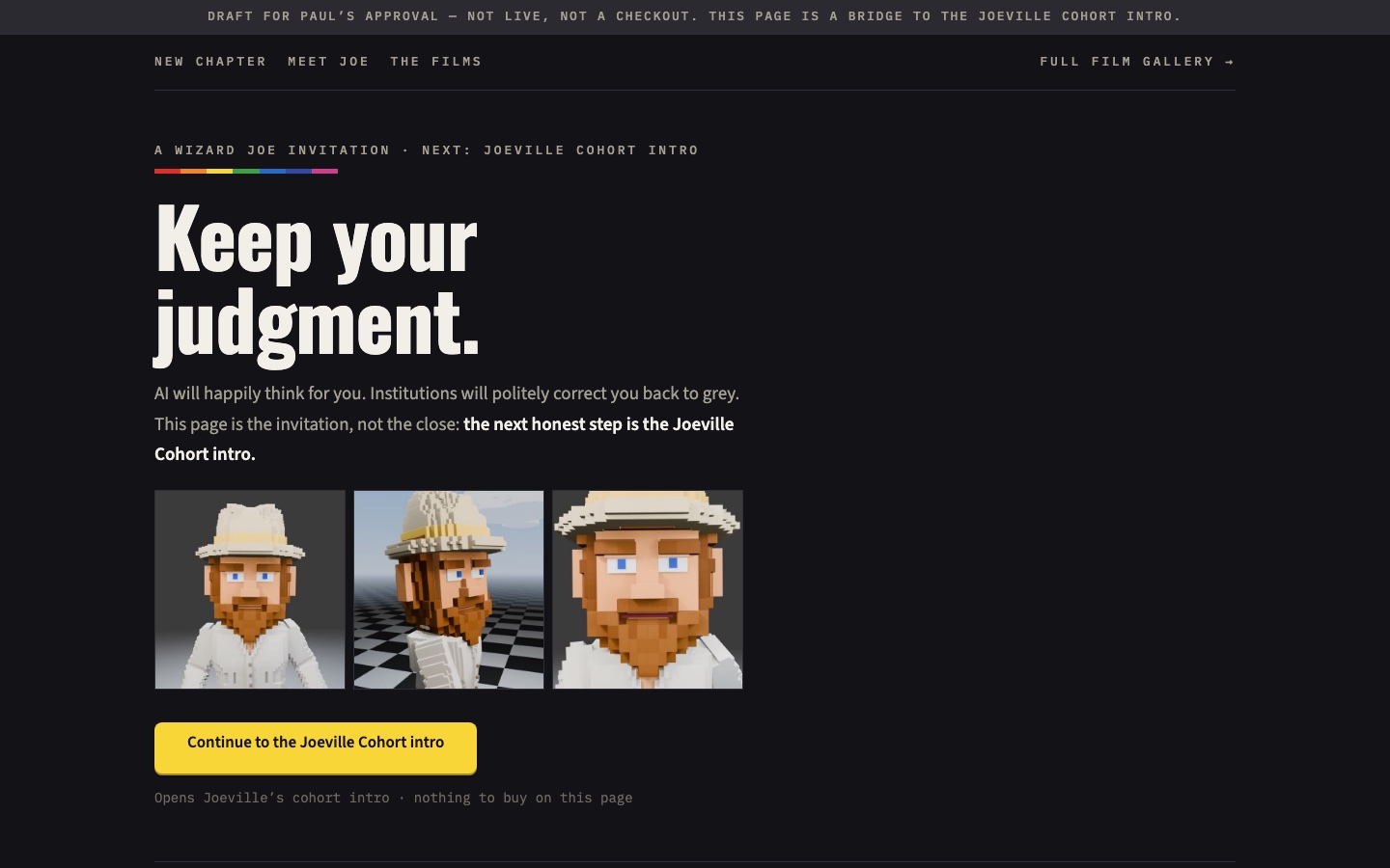 Keep Your Judgment landing page with three Wizard Joe stills