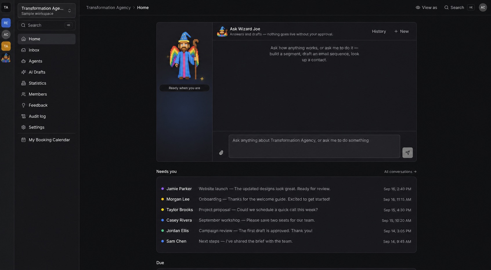 Sovereign CRM home screen with the Ask Wizard Joe assistant